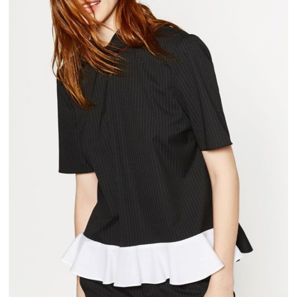 Zara Pinstriped Frilled Top Ruffle Striped High Mock Neck Peplum Back Zip Blouse